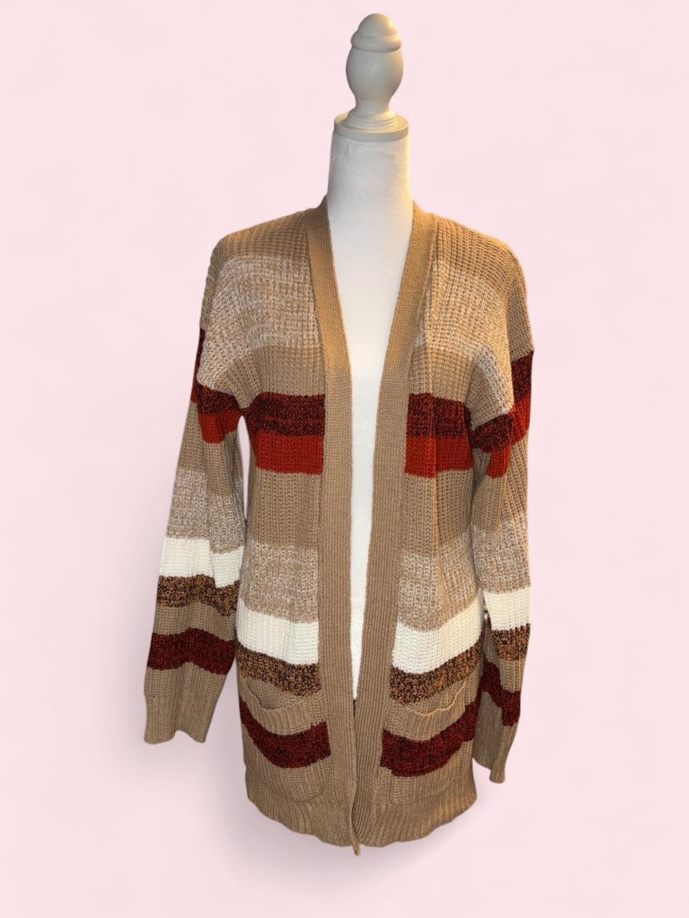 Striped Open-Front Women's Cardigan Sweater - Camel & Rust